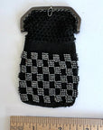 20s Steel Cut Beaded Coin Purse Black & Silver Checkerboard Antique VFG