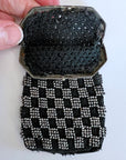 20s Steel Cut Beaded Coin Purse Black & Silver Checkerboard Antique VFG
