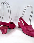 40s Vintage Peeptoe Heels Rose Pink Satin Ruffled Slippers Slingback Shoes Daniel Green VFG