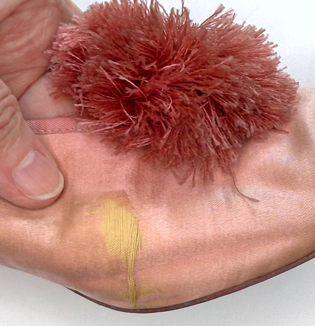Vintage 20s Pink Satin PomPom Slippers Daniel Green  As-Is VFG