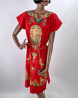 90s Y2K Caftan Egyptian Motifs Blingy Red Vintage Shift Dress VFG