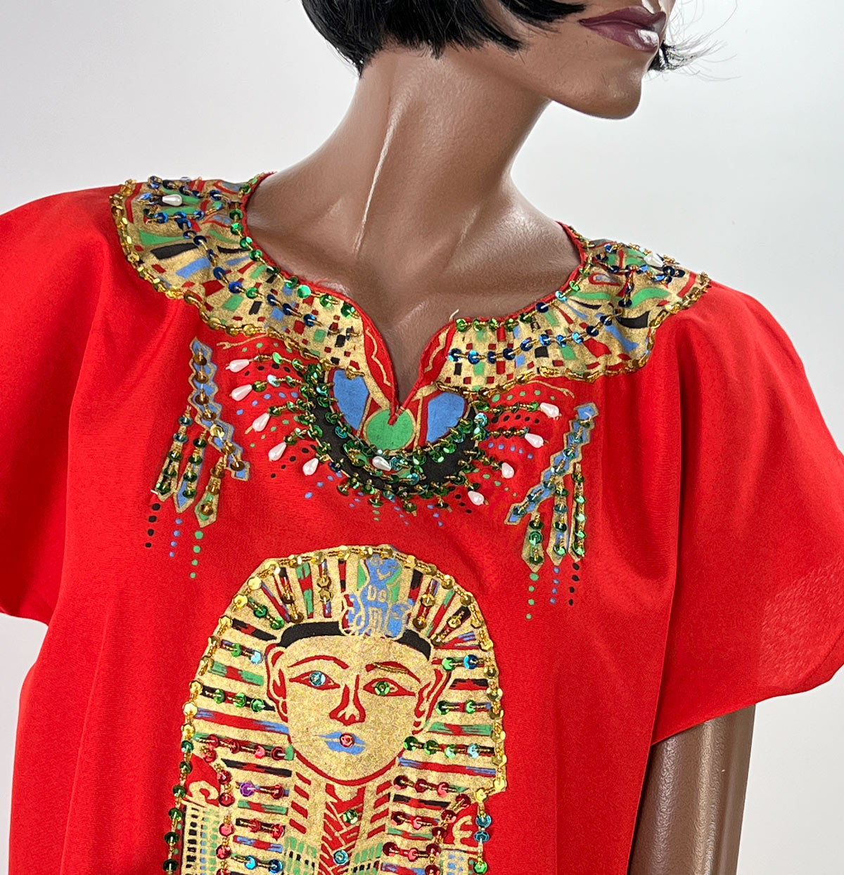 90s Y2K Caftan Egyptian Motifs Blingy Red Vintage Shift Dress VFG