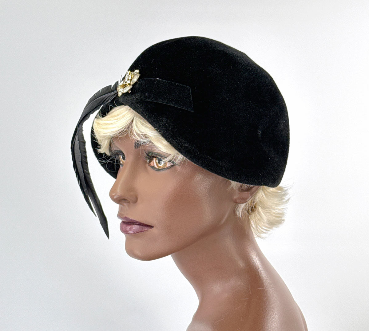60s Vintage Cloche Hat 20s Inspired Dramatic Feather &amp; Rhinestones Joseph Magnin VFG