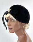 60s Vintage Cloche Hat 20s Inspired Dramatic Feather & Rhinestones Joseph Magnin VFG