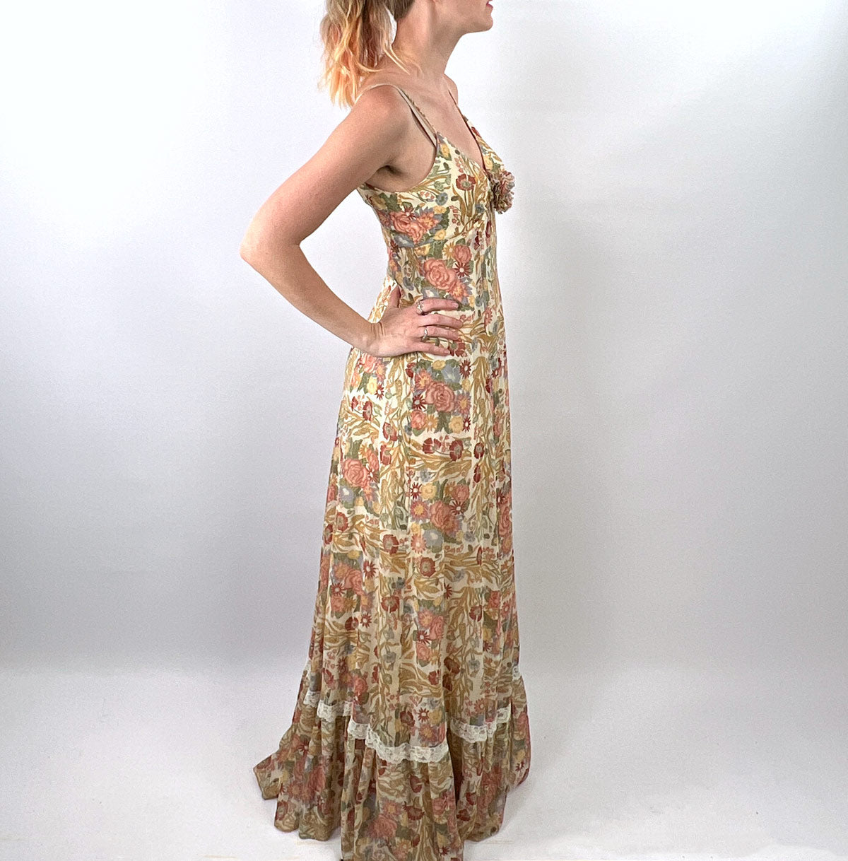 70s Maxi Sun Dress Vintage Floral Gauze Festival Cottagecore Gunne Sax Style Small VFG