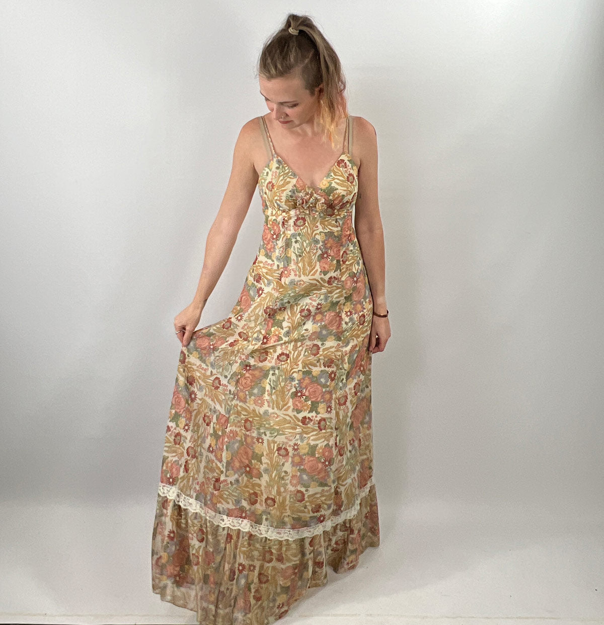 70s Maxi Sun Dress Vintage Floral Gauze Festival Cottagecore Gunne Sax Style Small VFG