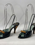 50s Open Toe Slingback Heels Vintage Shoes Carved Wood Trim Jacques Fath Paris VFG