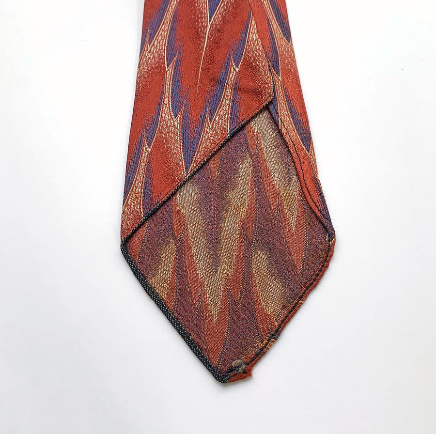30s Wide Neck Tie Vintage Feather Pattern Brocade Salmon Blue Cream
