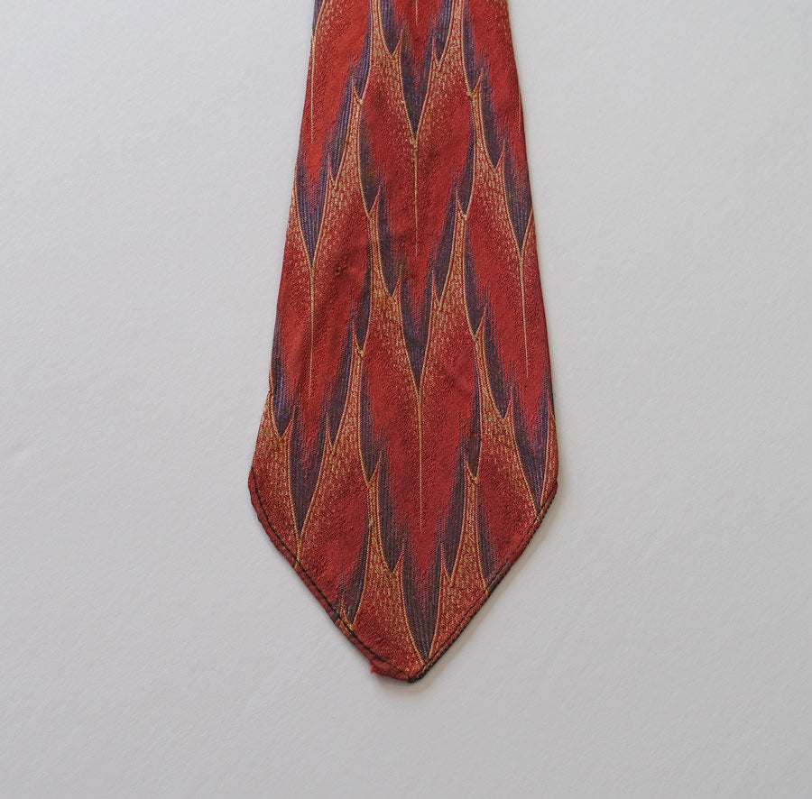 30s Wide Neck Tie Vintage Feather Pattern Brocade Salmon Blue Cream