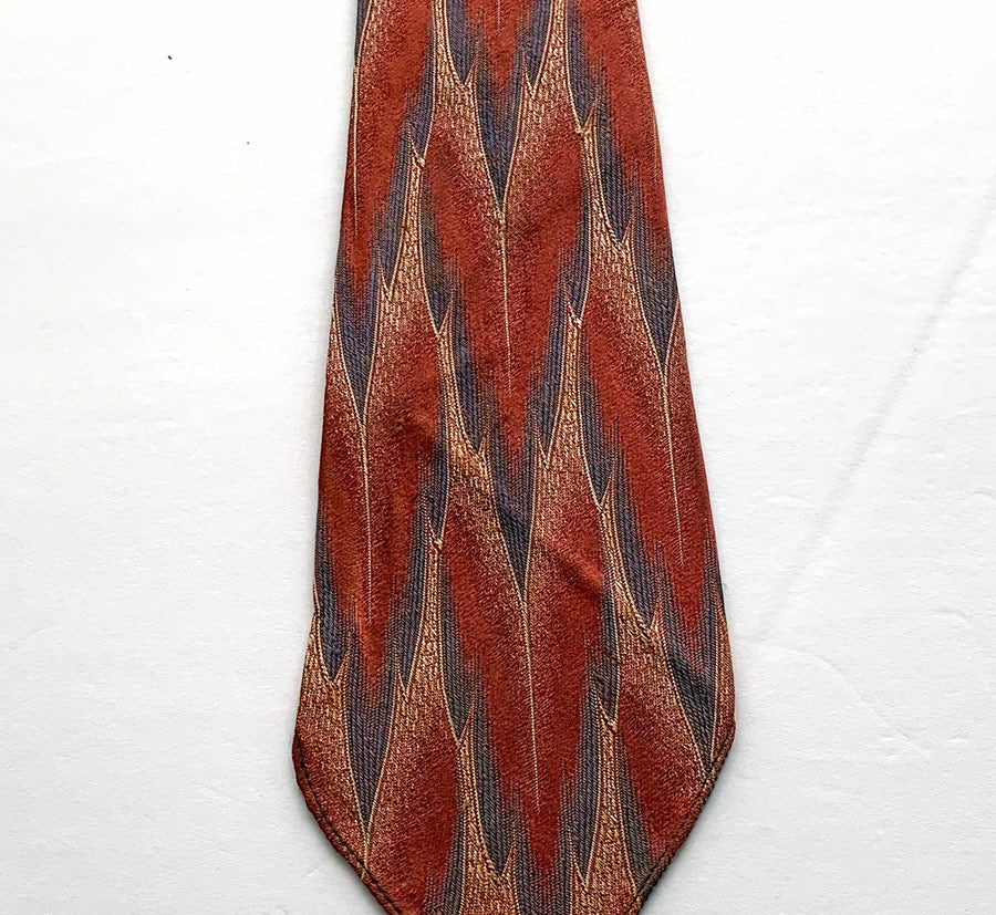 30s Wide Neck Tie Vintage Feather Pattern Brocade Salmon Blue Cream