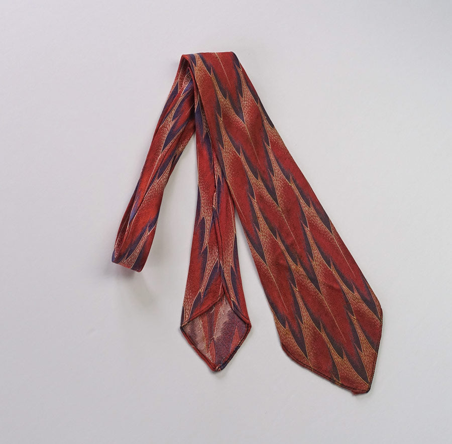 30s Wide Neck Tie Vintage Feather Pattern Brocade Salmon Blue Cream