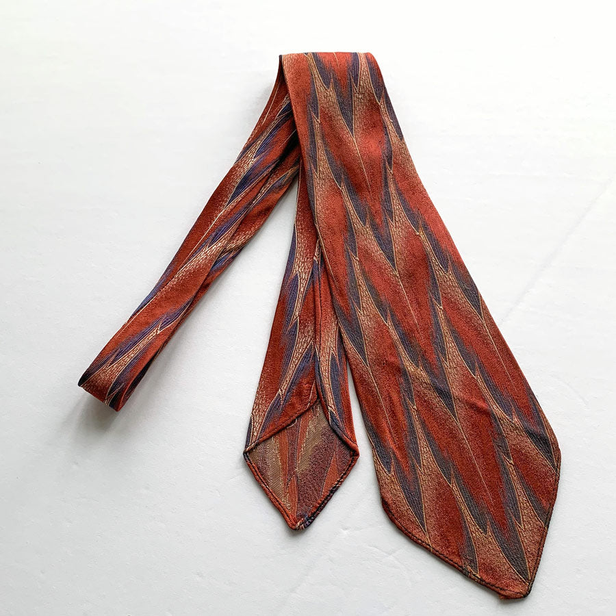 30s Wide Neck Tie Vintage Feather Pattern Brocade Salmon Blue Cream
