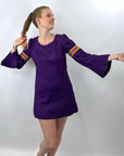 Vintage 60s Purple Felt Mini Dress Bell Sleeves S/XS Hippie Boho VFG