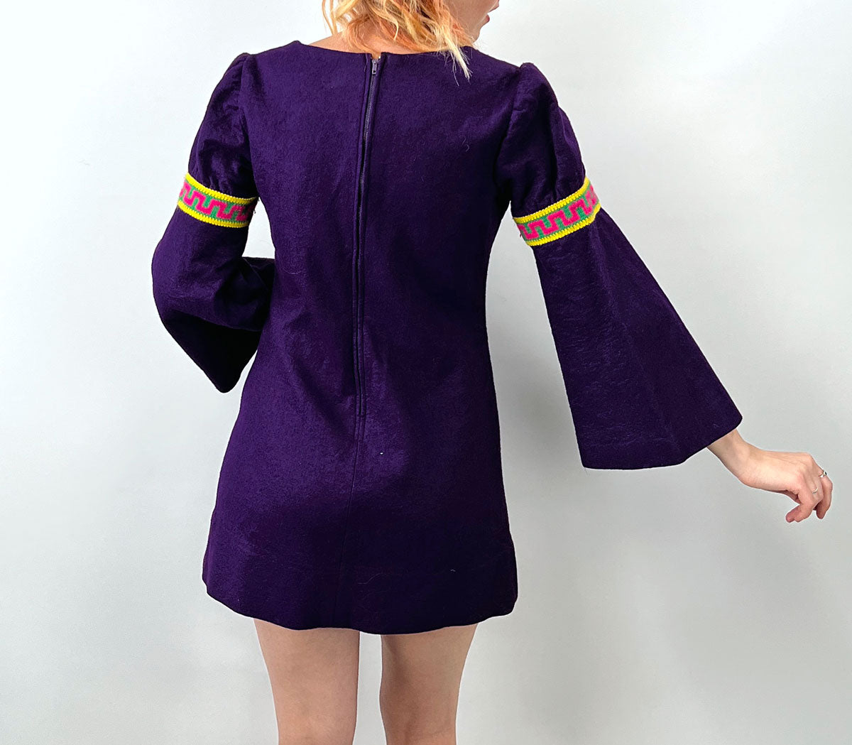 Vintage 60s Purple Felt Mini Dress Bell Sleeves S/XS Hippie Boho VFG