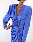 Dramatic 80s Cocktail Dress Women's Vintage Periwinkle Draped Sparkly Accent M/L Filigree VFG