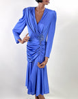 Dramatic 80s Cocktail Dress Women's Vintage Periwinkle Draped Sparkly Accent M/L Filigree VFG