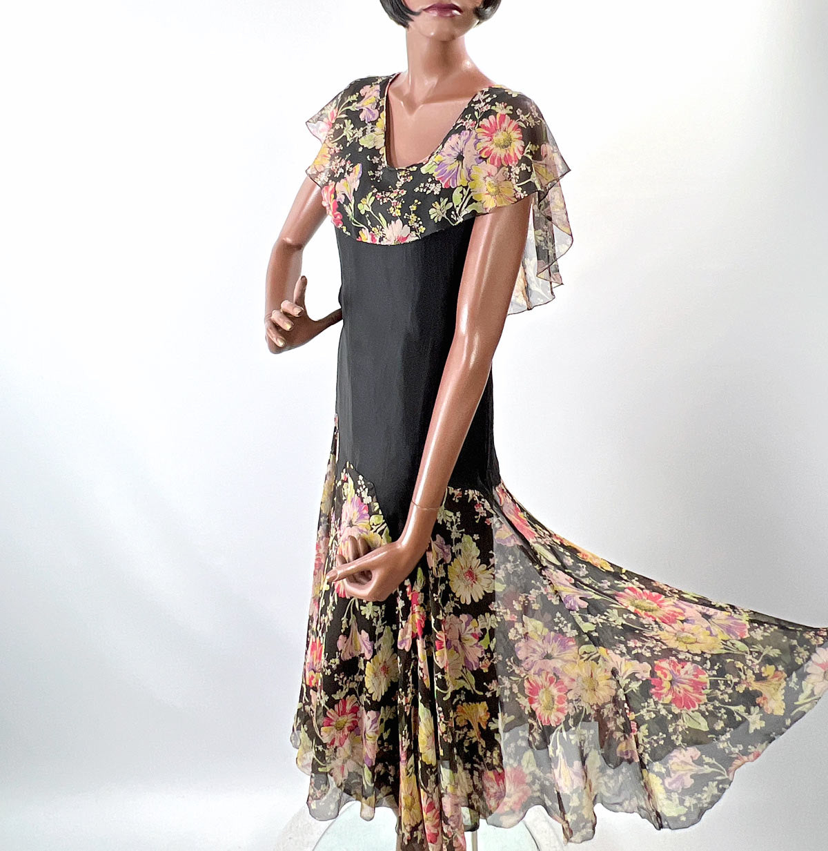 20s Flapper Dress Floral Chiffon Vintage Garden Party Capelet Collar Drop Waist Black VFG