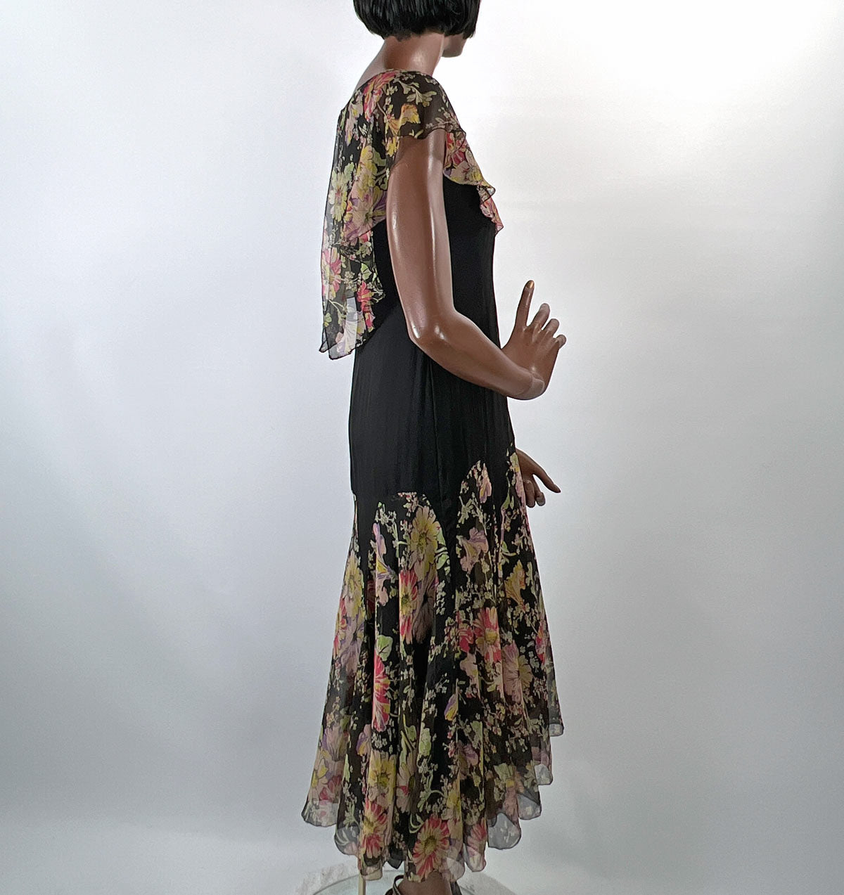 20s Flapper Dress Floral Chiffon Vintage Garden Party Capelet Collar D – Mags Rags