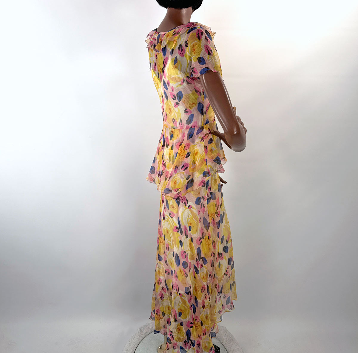 20s Garden Party Dress Vintage Pastel Floral Print Silk Chiffon XS VFG