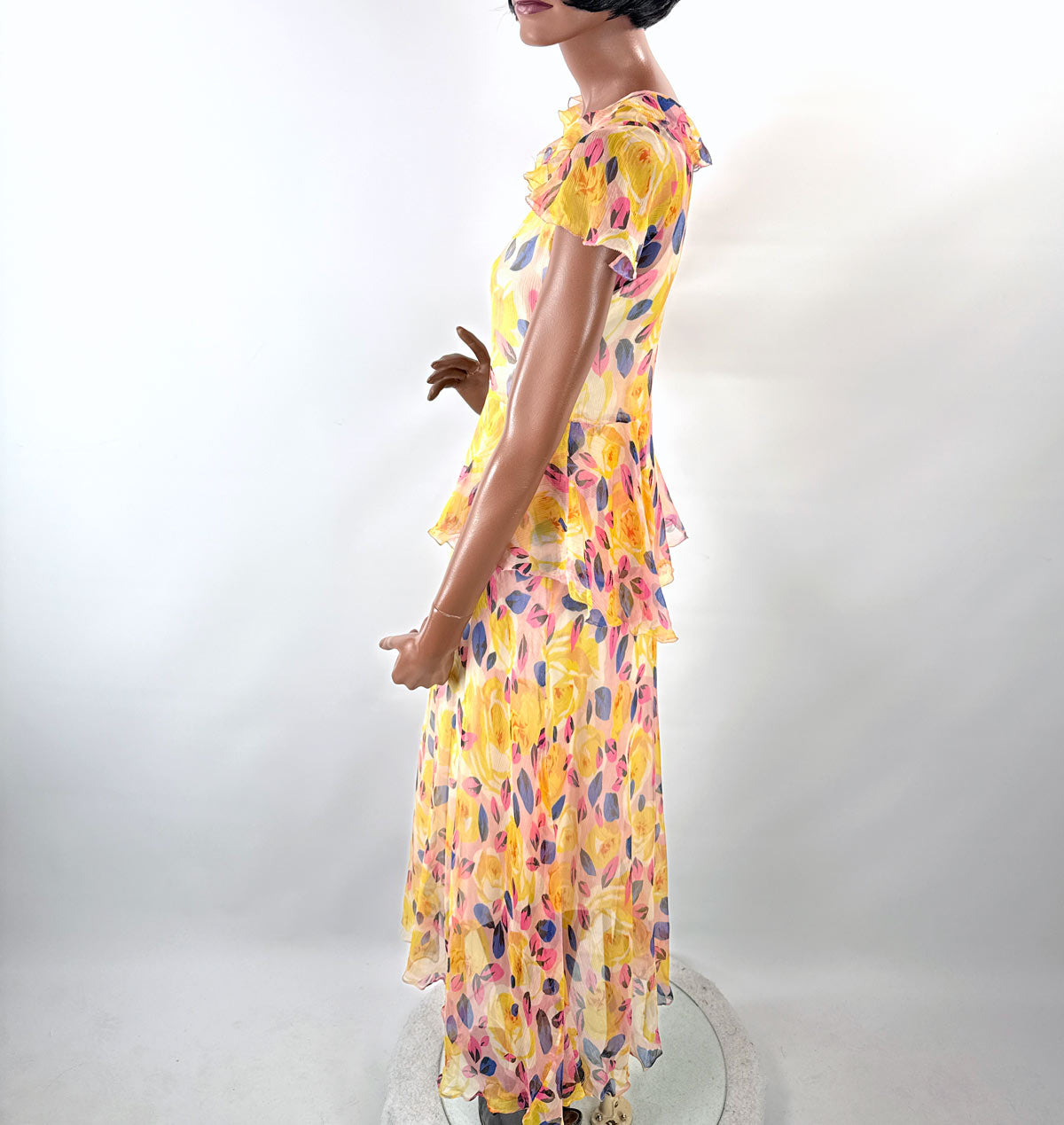 20s Garden Party Dress Vintage Pastel Floral Print Silk Chiffon XS VFG