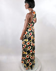 Old Hollywood 30s Halter Neck Evening Dress Vintage Silk Satin Racer Back Floral Print VFG