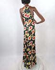 Old Hollywood 30s Halter Neck Evening Dress Vintage Silk Satin Racer Back Floral Print VFG