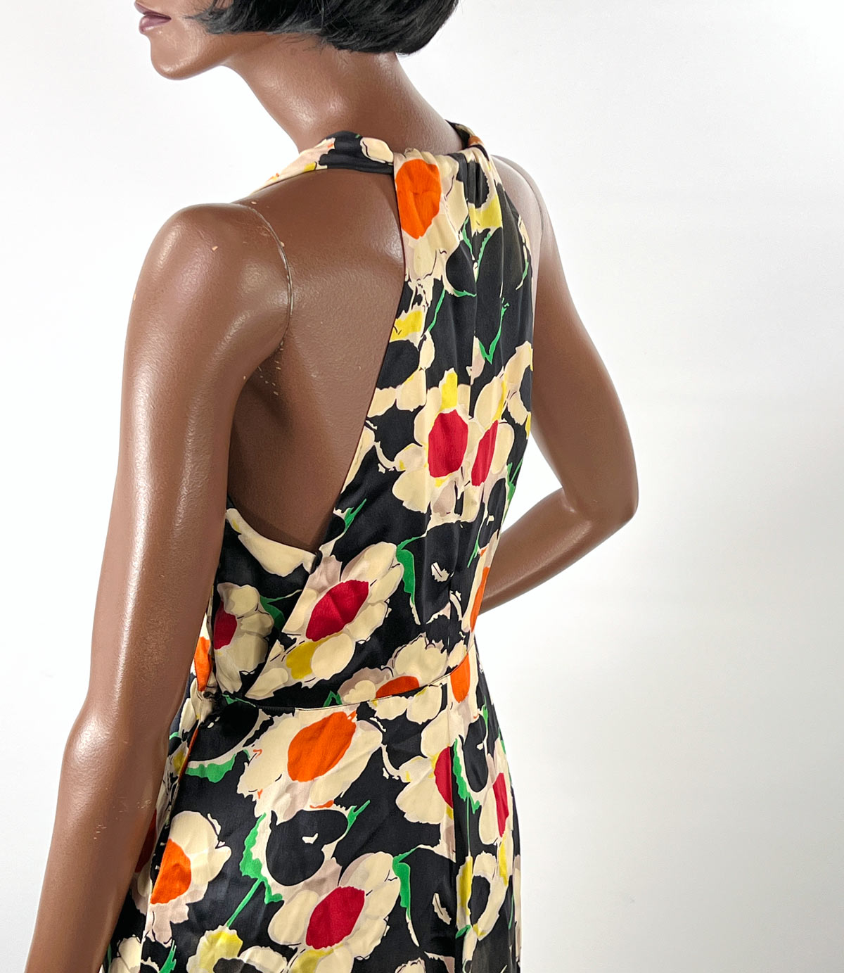 Old Hollywood 30s Halter Neck Evening Dress Vintage Silk Satin Racer Back Floral Print VFG