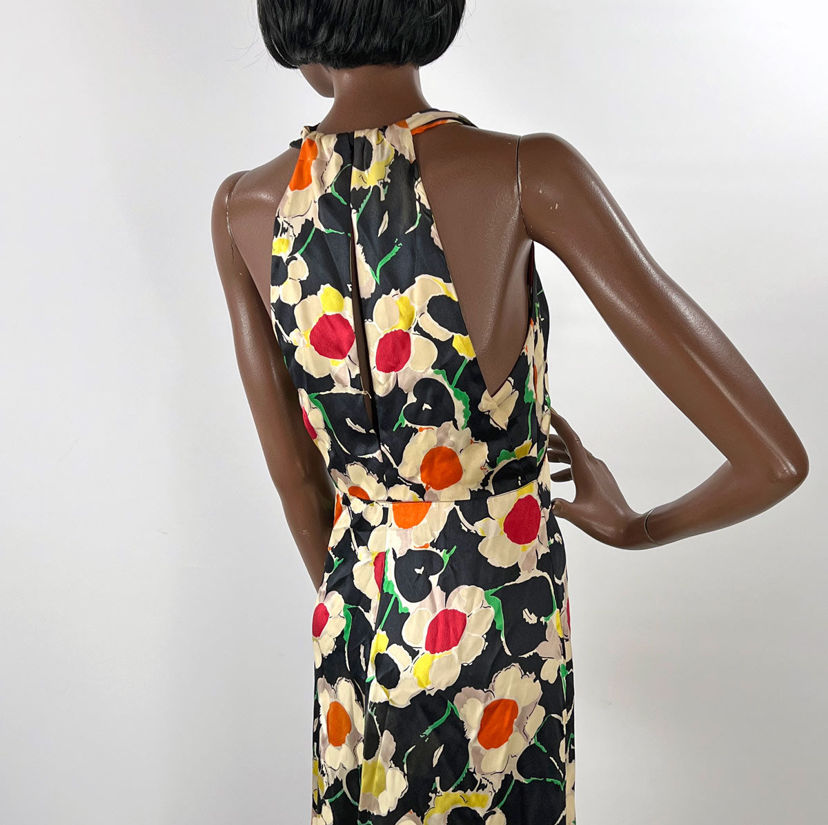 Old Hollywood 30s Halter Neck Evening Dress Vintage Silk Satin Racer Back Floral Print VFG