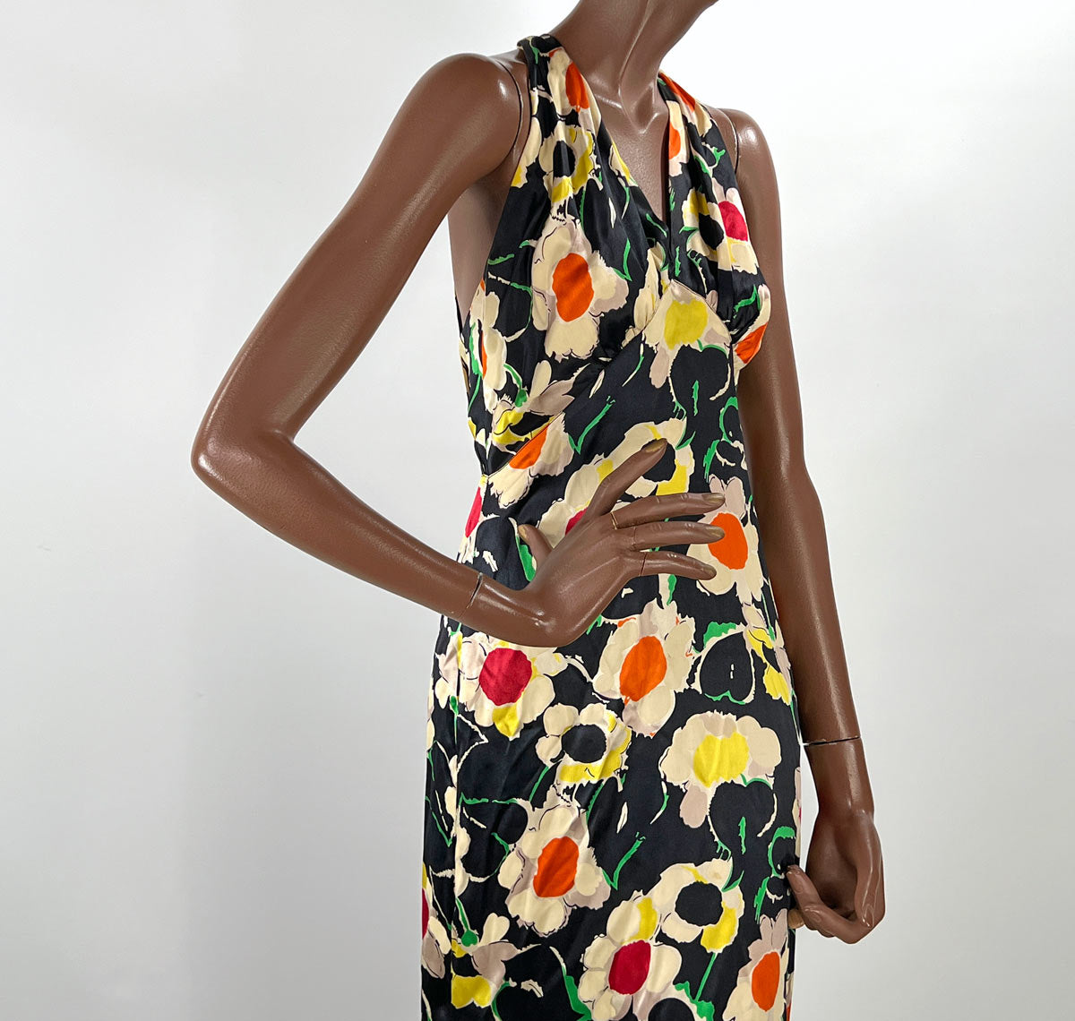 Old Hollywood 30s Halter Neck Evening Dress Vintage Silk Satin Racer Back Floral Print VFG