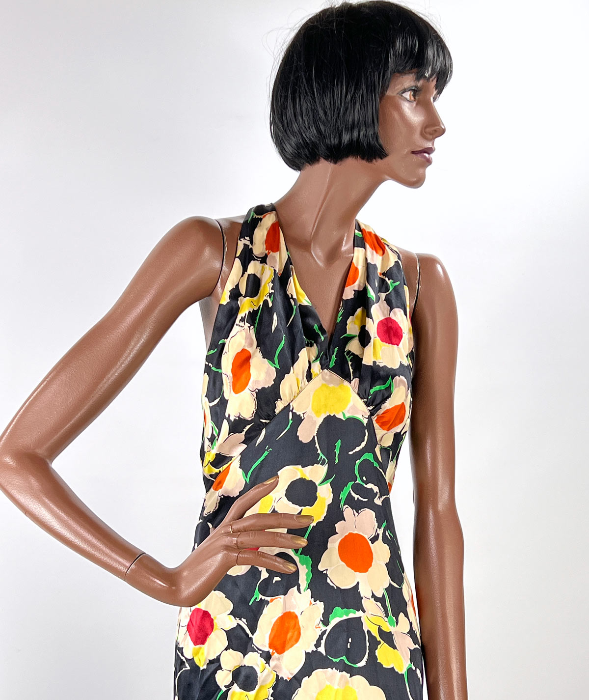 Old Hollywood 30s Halter Neck Evening Dress Vintage Silk Satin Racer Back Floral Print VFG