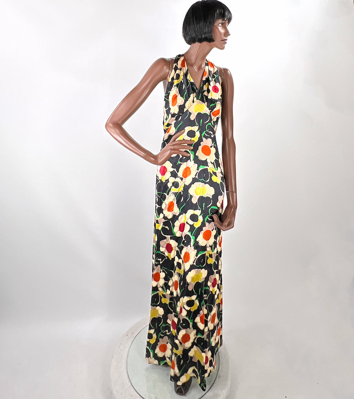 Old Hollywood 30s Halter Neck Evening Dress Vintage Silk Satin Racer Back Floral Print VFG