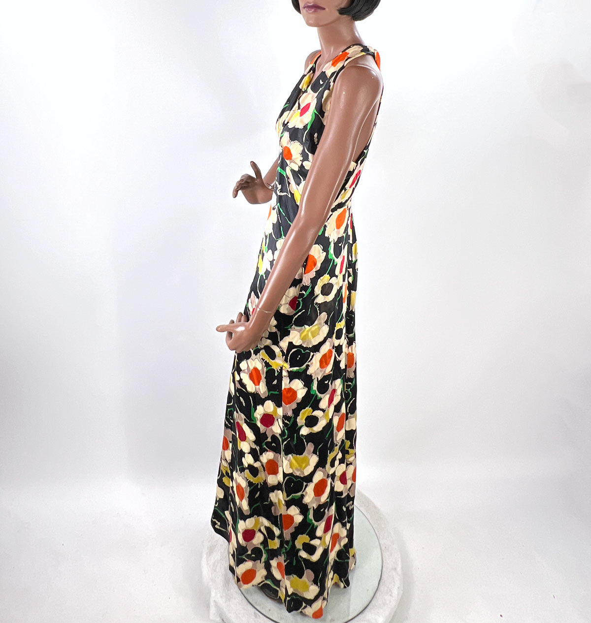 Old Hollywood 30s Halter Neck Evening Dress Vintage Silk Satin Racer Back Floral Print VFG