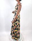 Old Hollywood 30s Halter Neck Evening Dress Vintage Silk Satin Racer Back Floral Print VFG