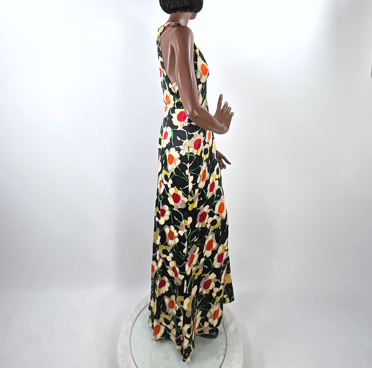 Old Hollywood 30s Halter Neck Evening Dress Vintage Silk Satin Racer Back Floral Print VFG