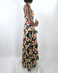 Old Hollywood 30s Halter Neck Evening Dress Vintage Silk Satin Racer Back Floral Print VFG