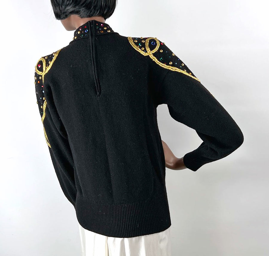 80s Vintage Gem Sweater Women's Pullover Long Sleeve Black VFG