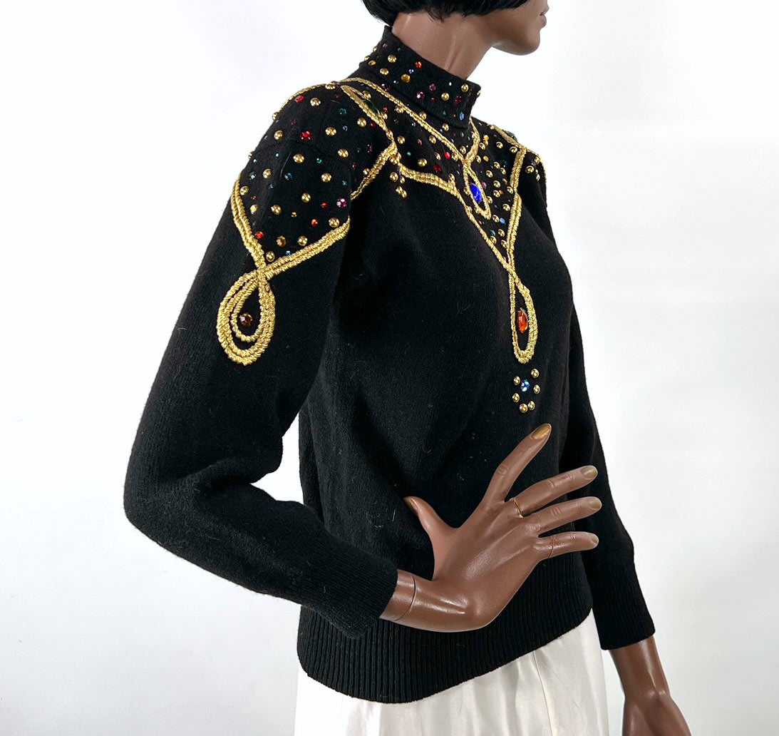 80s Vintage Gem Sweater Women&#39;s Pullover Long Sleeve Black VFG