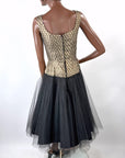 50s Party Dress Gold & Black Shelf Bust Vintage Harlequin Brocade & Net Small VFG