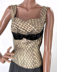 50s Party Dress Gold & Black Shelf Bust Vintage Harlequin Brocade & Net Small VFG