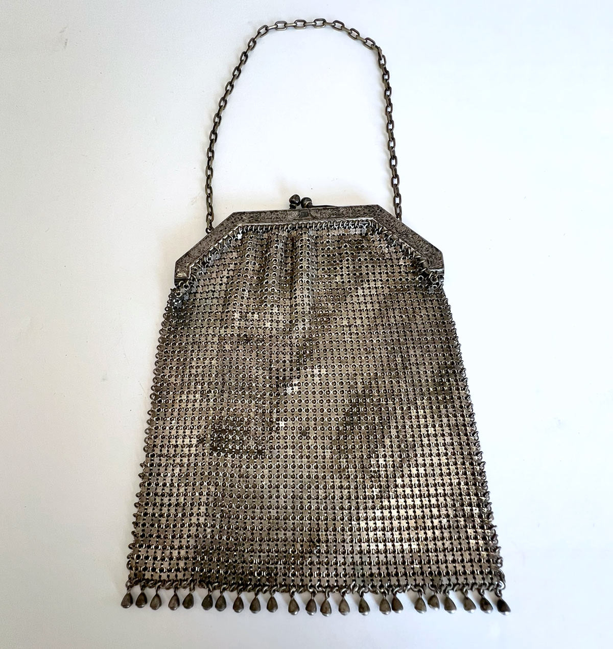 20s Vintage Flat Mesh Purse Antique Handbag Silvery Metal Ball Fringed VFG