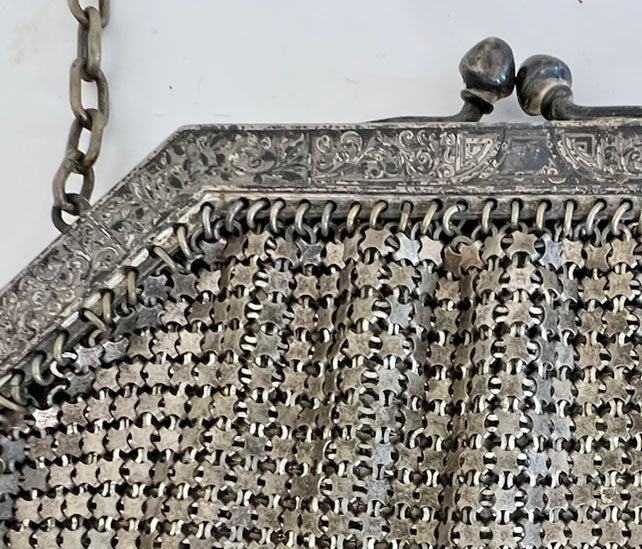 20s Vintage Flat Mesh Purse Antique Handbag Silvery Metal Ball Fringed VFG