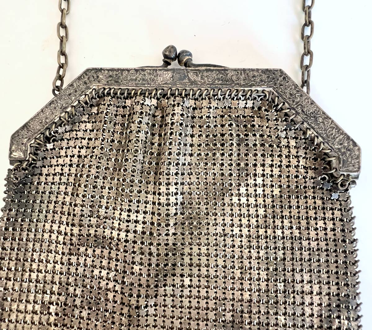 20s Vintage Flat Mesh Purse Antique Handbag Silvery Metal Ball Fringed VFG