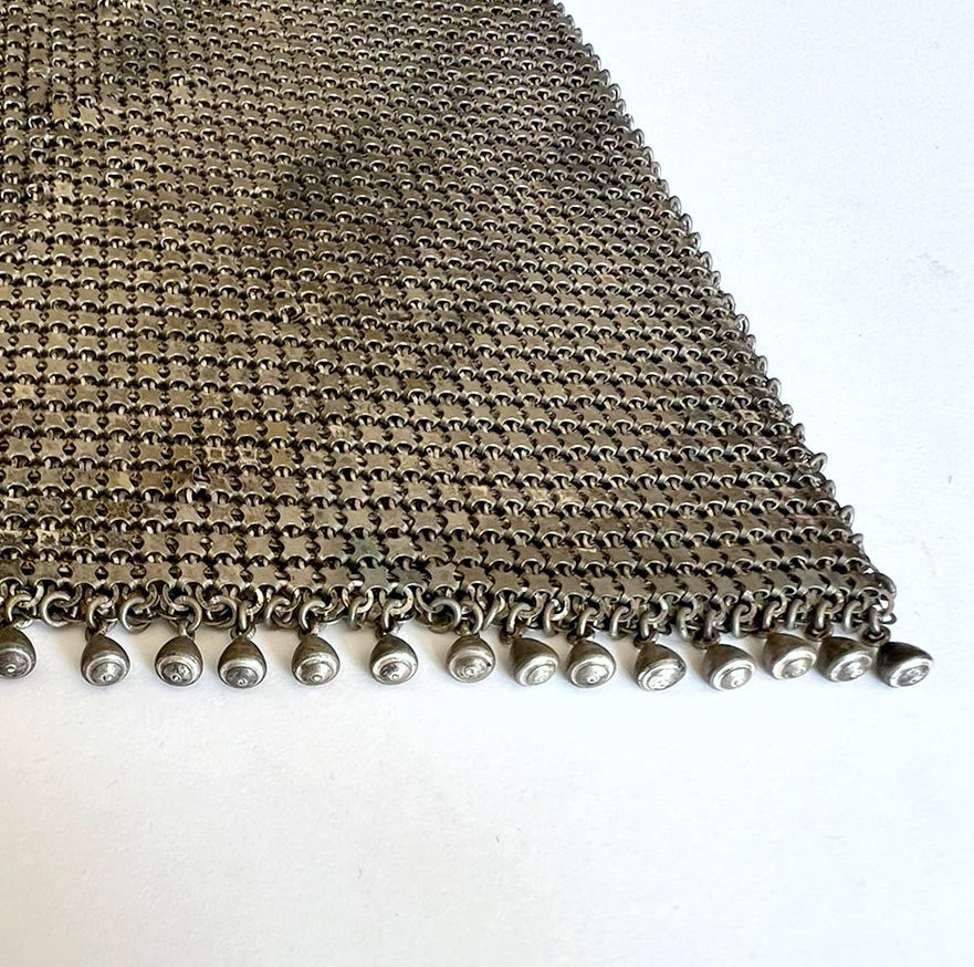 20s Vintage Flat Mesh Purse Antique Handbag Silvery Metal Ball Fringed VFG