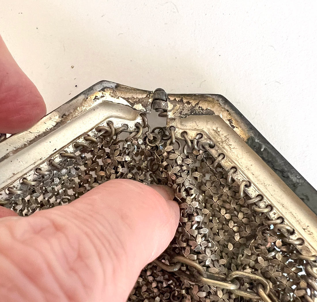 20s Vintage Flat Mesh Purse Antique Handbag Silvery Metal Ball Fringed VFG