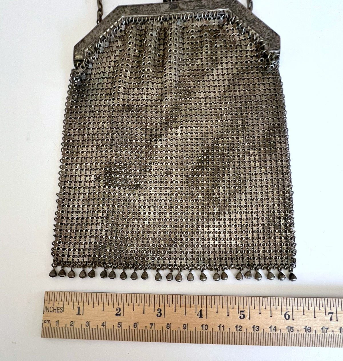 20s Vintage Flat Mesh Purse Antique Handbag Silvery Metal Ball Fringed VFG