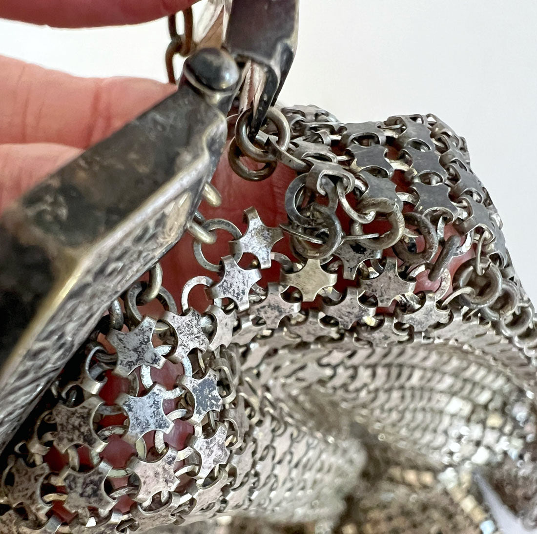 20s Vintage Flat Mesh Purse Antique Handbag Silvery Metal Ball Fringed VFG