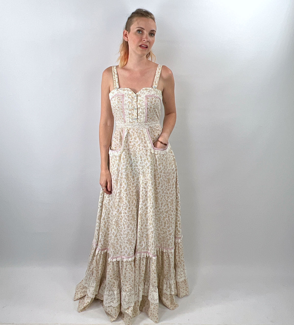 70s Maxi Dress Summer Festival Pastel Calico Print Jessica McClintock VFG
