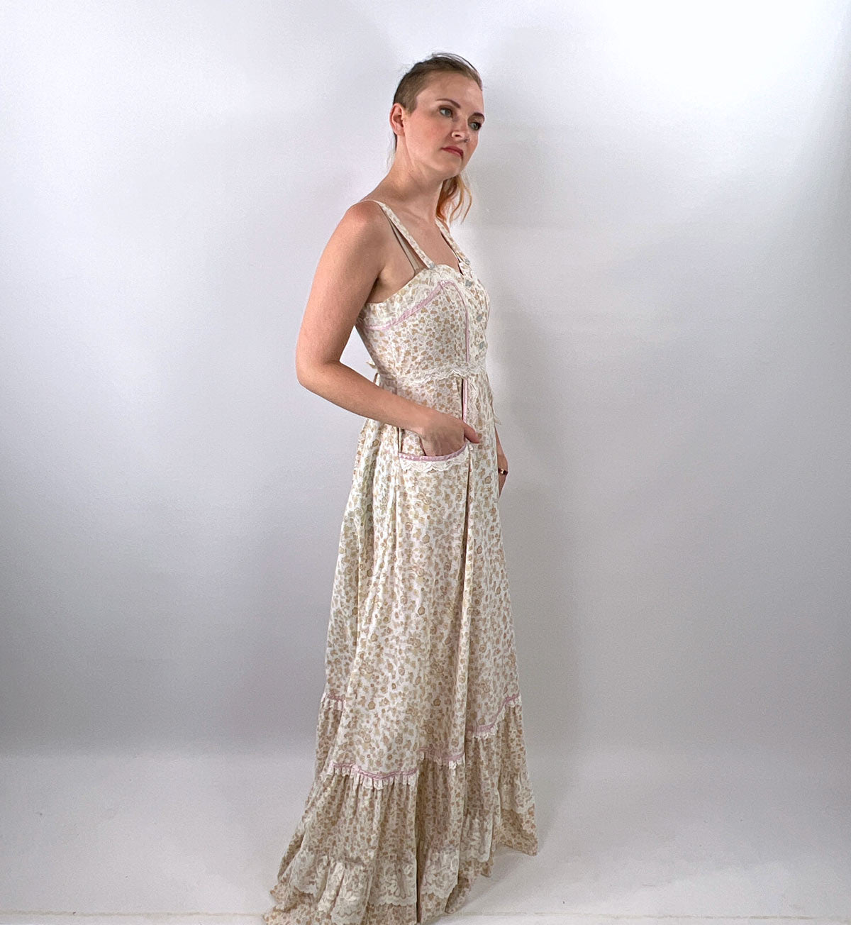 70s Maxi Dress Summer Festival Pastel Calico Print Jessica McClintock VFG