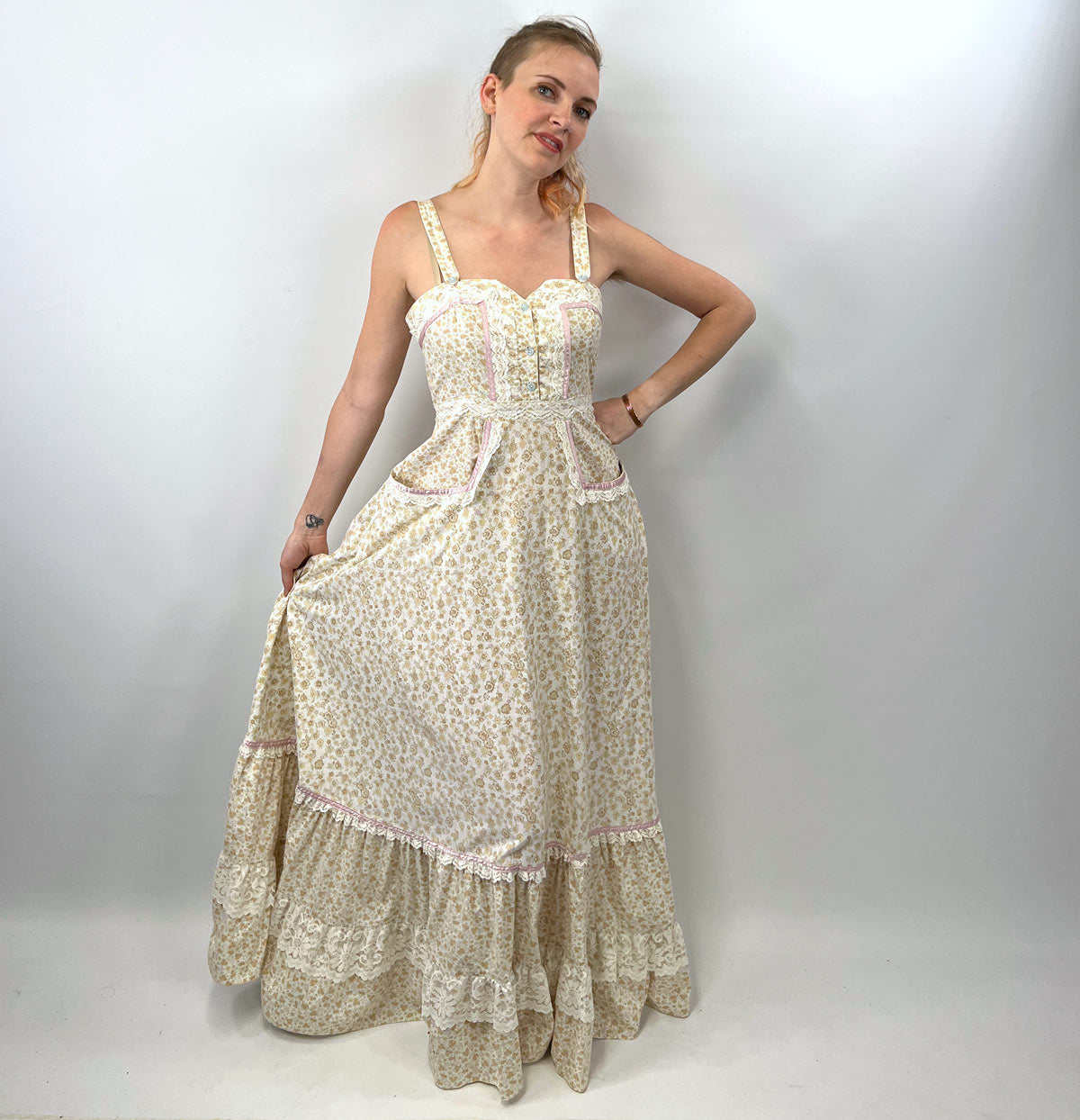70s Maxi Dress Summer Festival Pastel Calico Print Jessica McClintock VFG