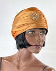 20s Vintage Cloche Draped Turban Style Orange & Gold Rhinestone Clip Hersh's VFG